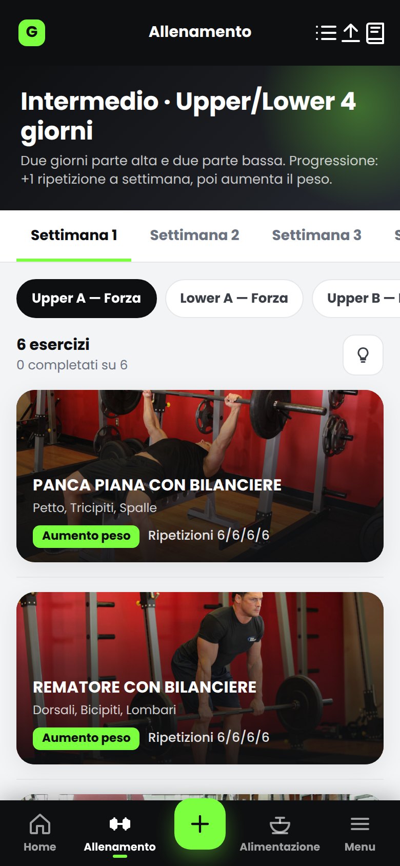 Scheda di allenamento nell'app GHISA